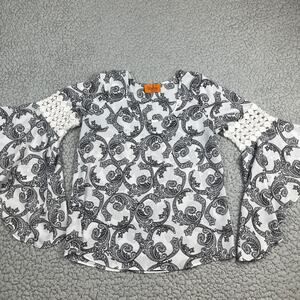 VOOM by Joy Han Medium Boho Tunic Top Flare Sleeve Paisley Black White